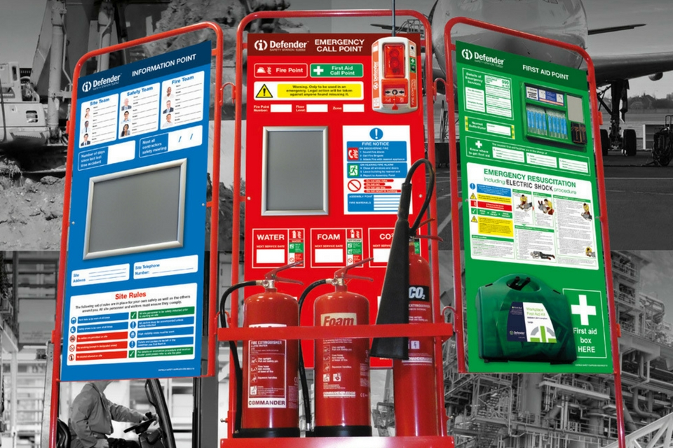 Defender safety station in three sections - information point, fire safety, first aid