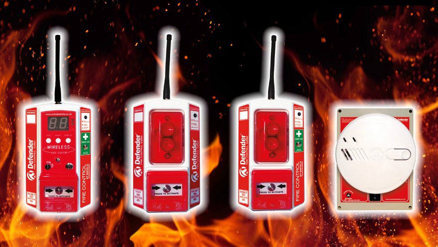 Display of four defender wireless fire alarm systems