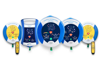 Display of five defibrillators in blue and white