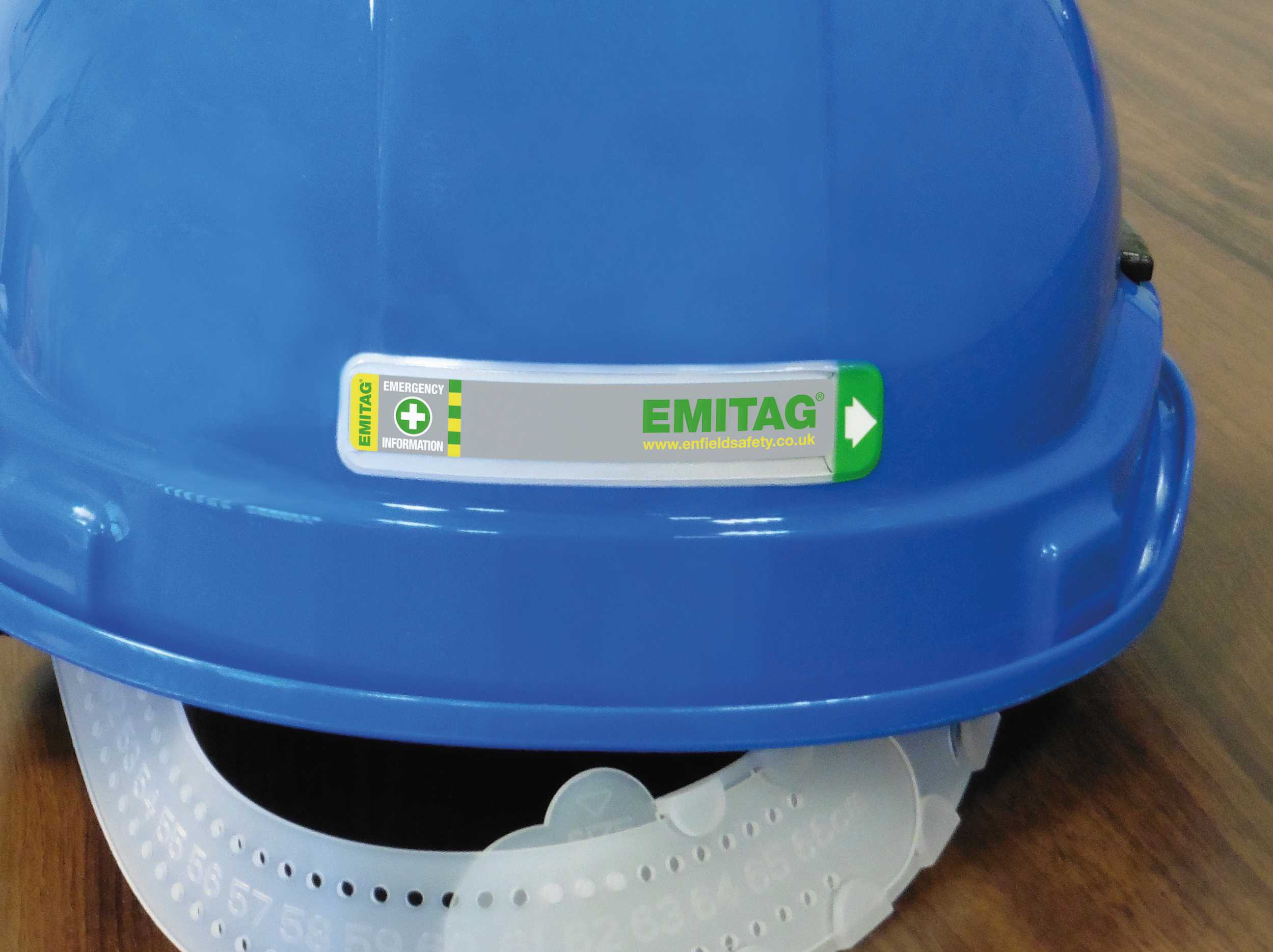 Blue hard hat with emitag sticker 