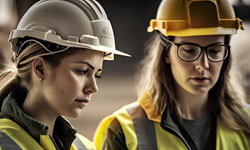 Two female construction workers wearing hard hats and yellow hi-vis jackets