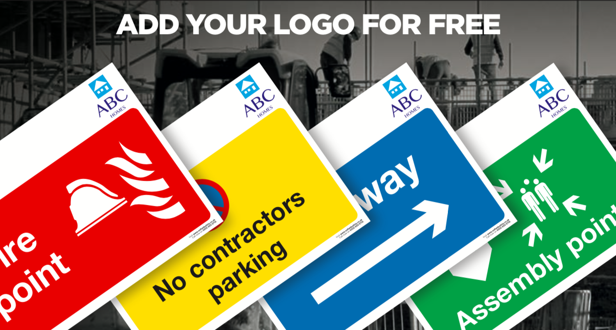 Various safety signage suitable for construction sites with branded logos