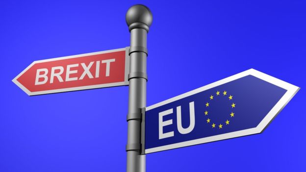 Sign post with brexit point left and EU pointing right