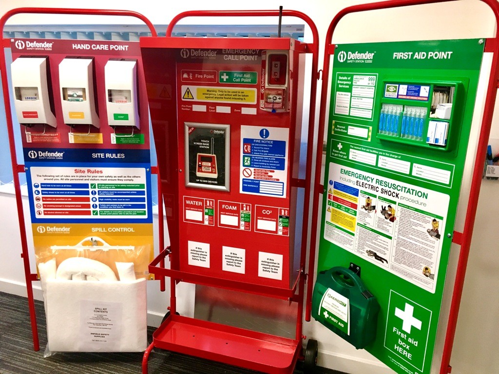 Red defender site safety station for hand care, fire safety and first aid